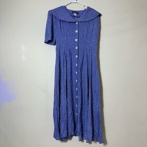 Vintage 80s Blue Pleated Midi Dress with Sailor Collar